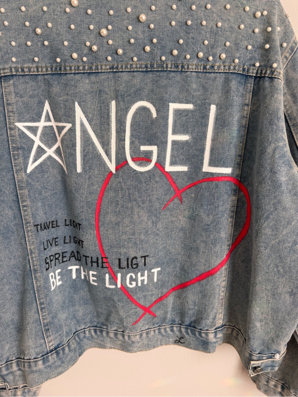 Hand Painted Angel Denim Jacket Pearl Studded Custom Artist Jacket Size M - Picture 6 of 12